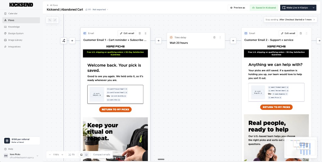 A Kicksend abandoned cart flow on the canvas, with designed emails ready to review.